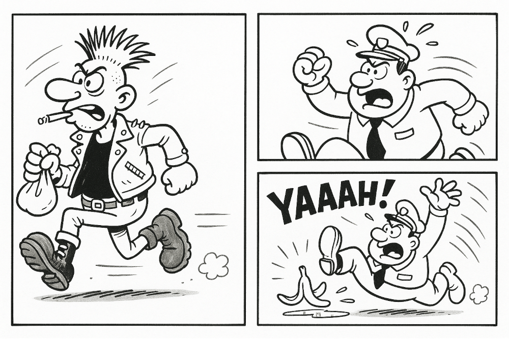 Ein Punker läuft von einem Sicherheitsangestellten davon!